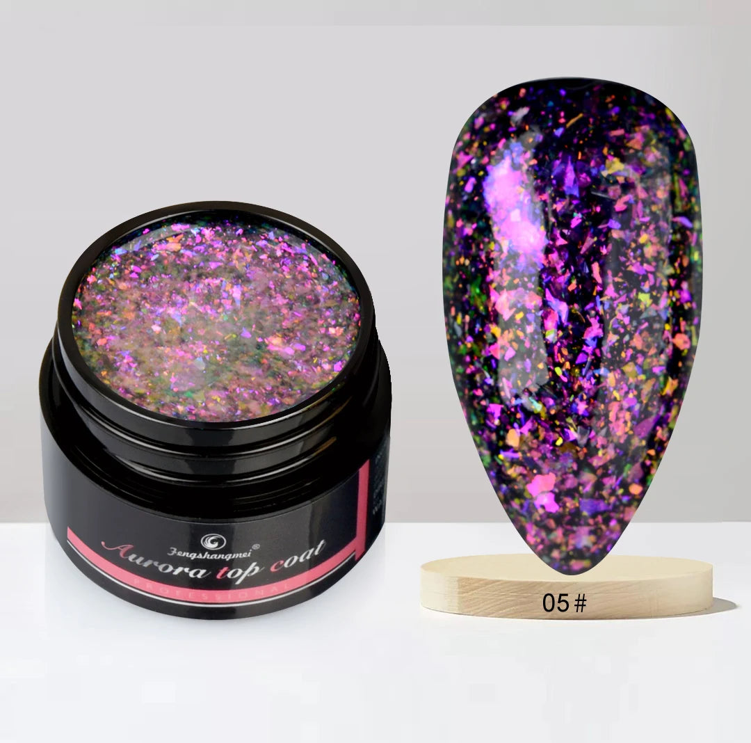 Fengshangmei 5g Aurora Gel Nagellack Top Mantel Hybrid Gel Lack Klar UV Gellak Glittler Lack Kunst Vernis Semi permanent