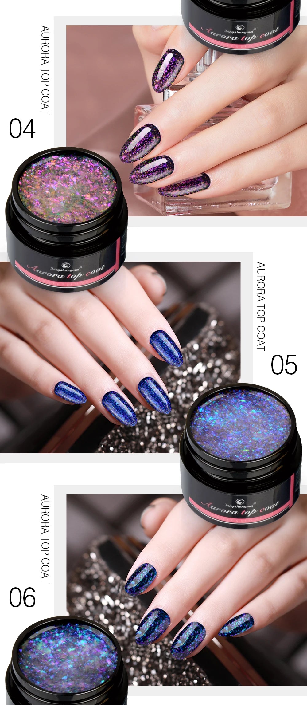 Fengshangmei 5g Aurora Gel Nagellack Top Mantel Hybrid Gel Lack Klar UV Gellak Glittler Lack Kunst Vernis Semi permanent