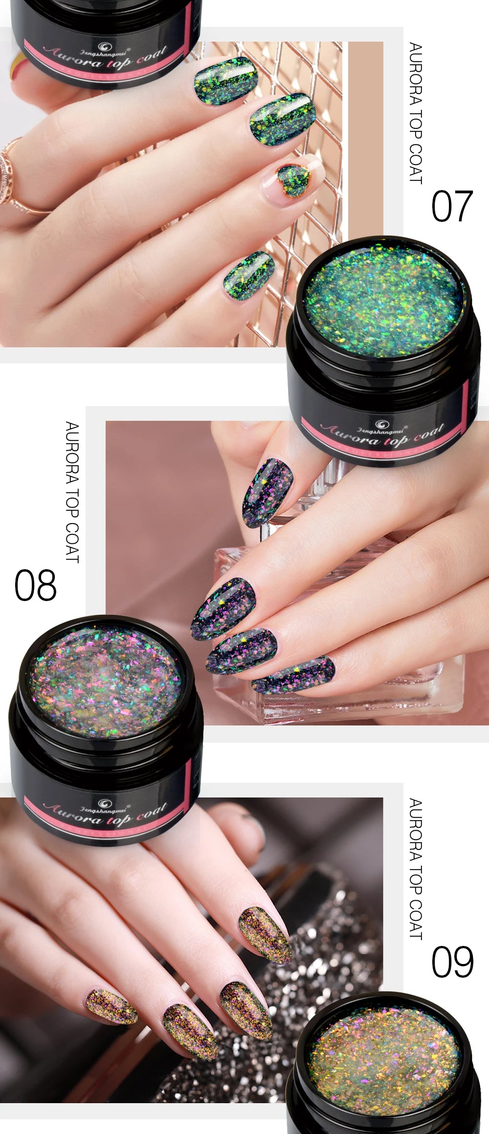 Fengshangmei 5g Aurora Gel Nagellack Top Mantel Hybrid Gel Lack Klar UV Gellak Glittler Lack Kunst Vernis Semi permanent