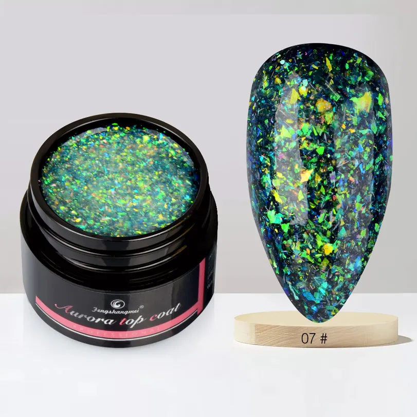 Fengshangmei 5g Aurora Gel Nagellack Top Mantel Hybrid Gel Lack Klar UV Gellak Glittler Lack Kunst Vernis Semi permanent