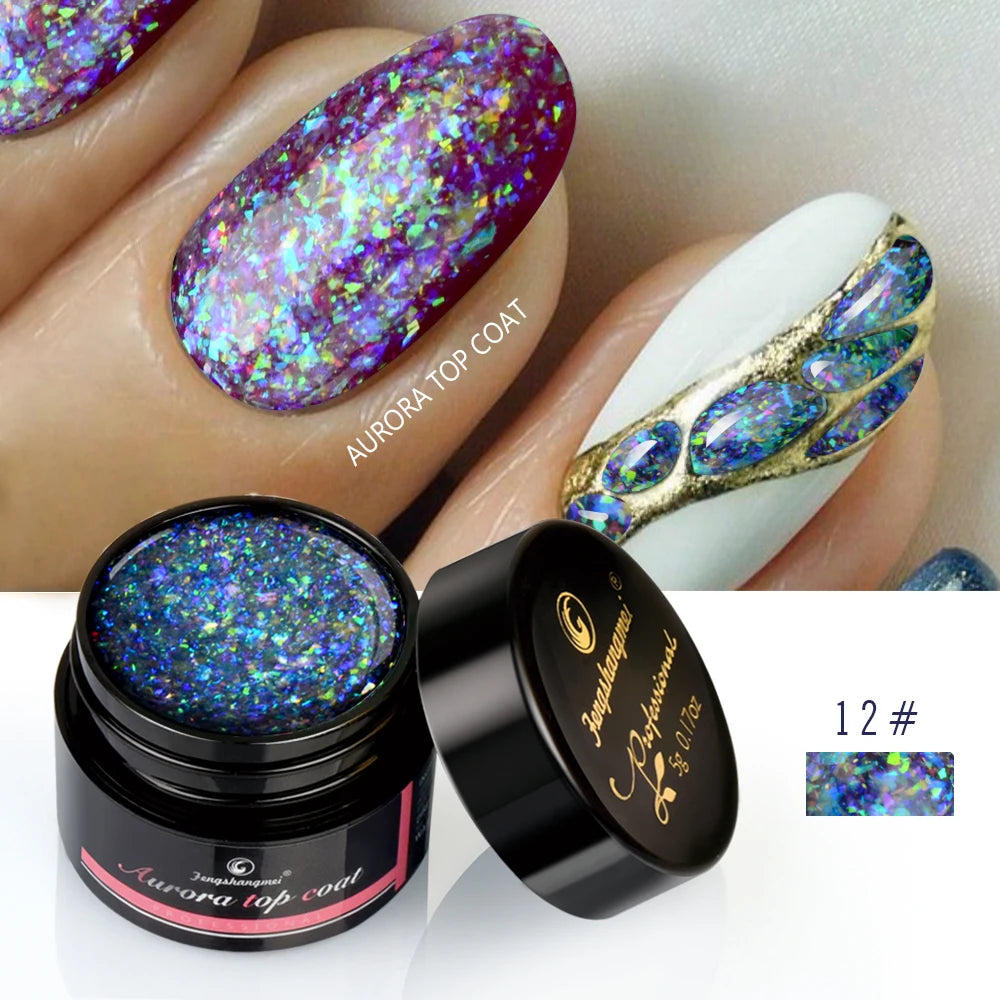 Fengshangmei 5g Aurora Gel Nagellack Top Mantel Hybrid Gel Lack Klar UV Gellak Glittler Lack Kunst Vernis Semi permanent