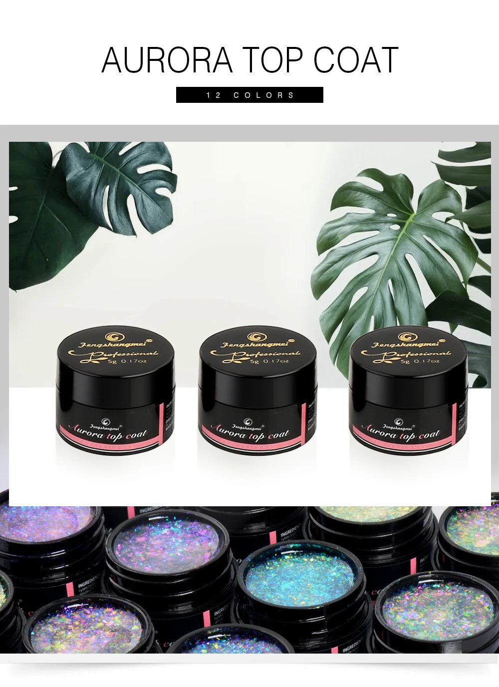 Fengshangmei 5g Aurora Gel Nagellack Top Mantel Hybrid Gel Lack Klar UV Gellak Glittler Lack Kunst Vernis Semi permanent