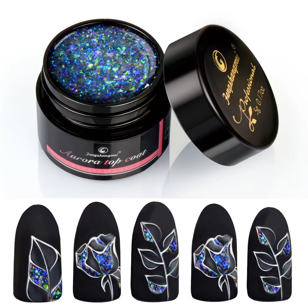 Fengshangmei 5g Aurora Gel Nagellack Top Mantel Hybrid Gel Lack Klar UV Gellak Glittler Lack Kunst Vernis Semi permanent