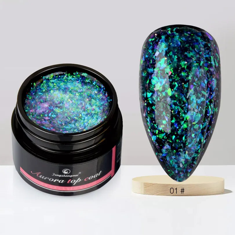 Fengshangmei 5g Aurora Gel Nagellack Top Mantel Hybrid Gel Lack Klar UV Gellak Glittler Lack Kunst Vernis Semi permanent
