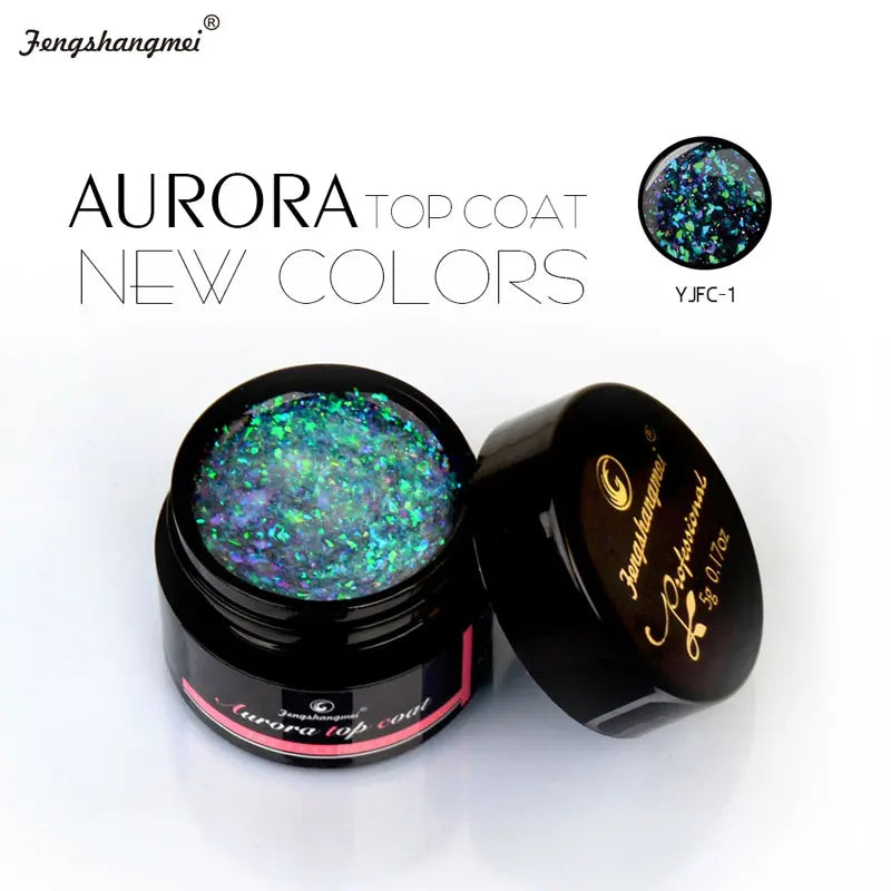 Fengshangmei 5g Aurora Gel Nagellack Top Mantel Hybrid Gel Lack Klar UV Gellak Glittler Lack Kunst Vernis Semi permanent
