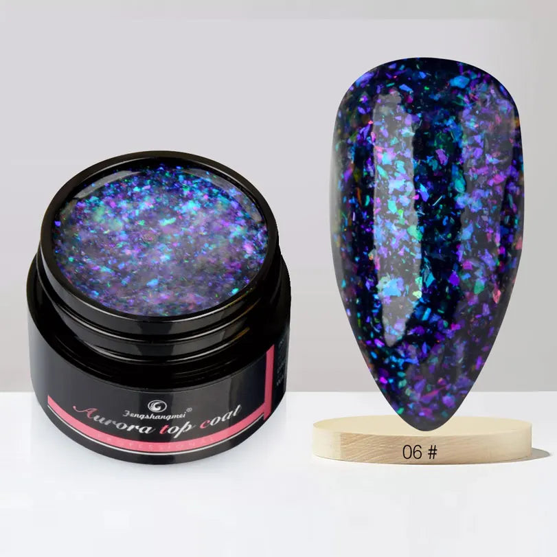 Fengshangmei 5g Aurora Gel Nagellack Top Mantel Hybrid Gel Lack Klar UV Gellak Glittler Lack Kunst Vernis Semi permanent