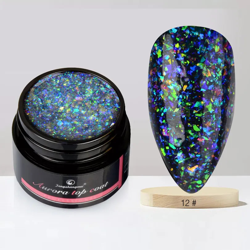Fengshangmei 5g Aurora Gel Nagellack Top Mantel Hybrid Gel Lack Klar UV Gellak Glittler Lack Kunst Vernis Semi permanent