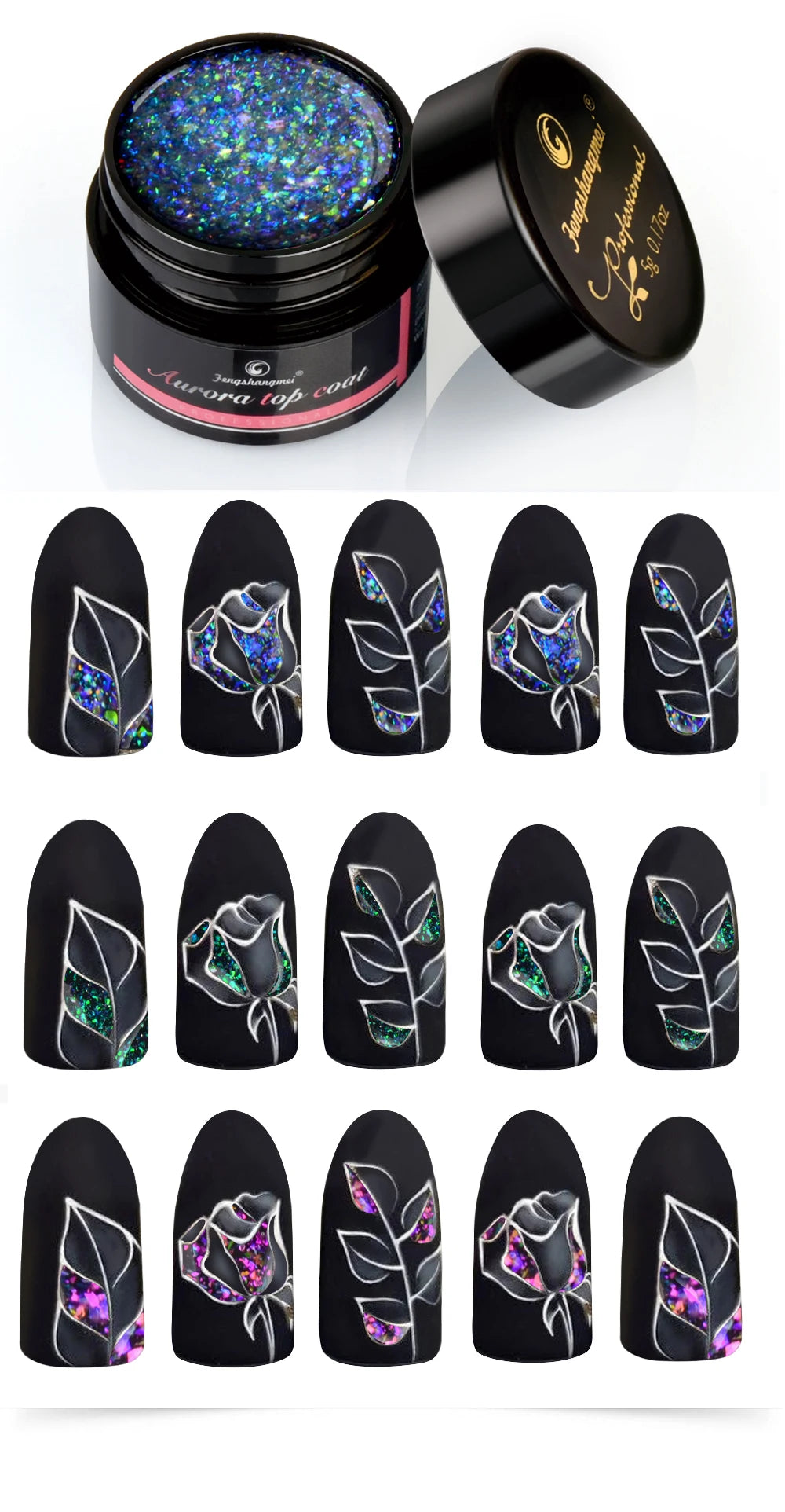 Fengshangmei 5g Aurora Gel Nagellack Top Mantel Hybrid Gel Lack Klar UV Gellak Glittler Lack Kunst Vernis Semi permanent