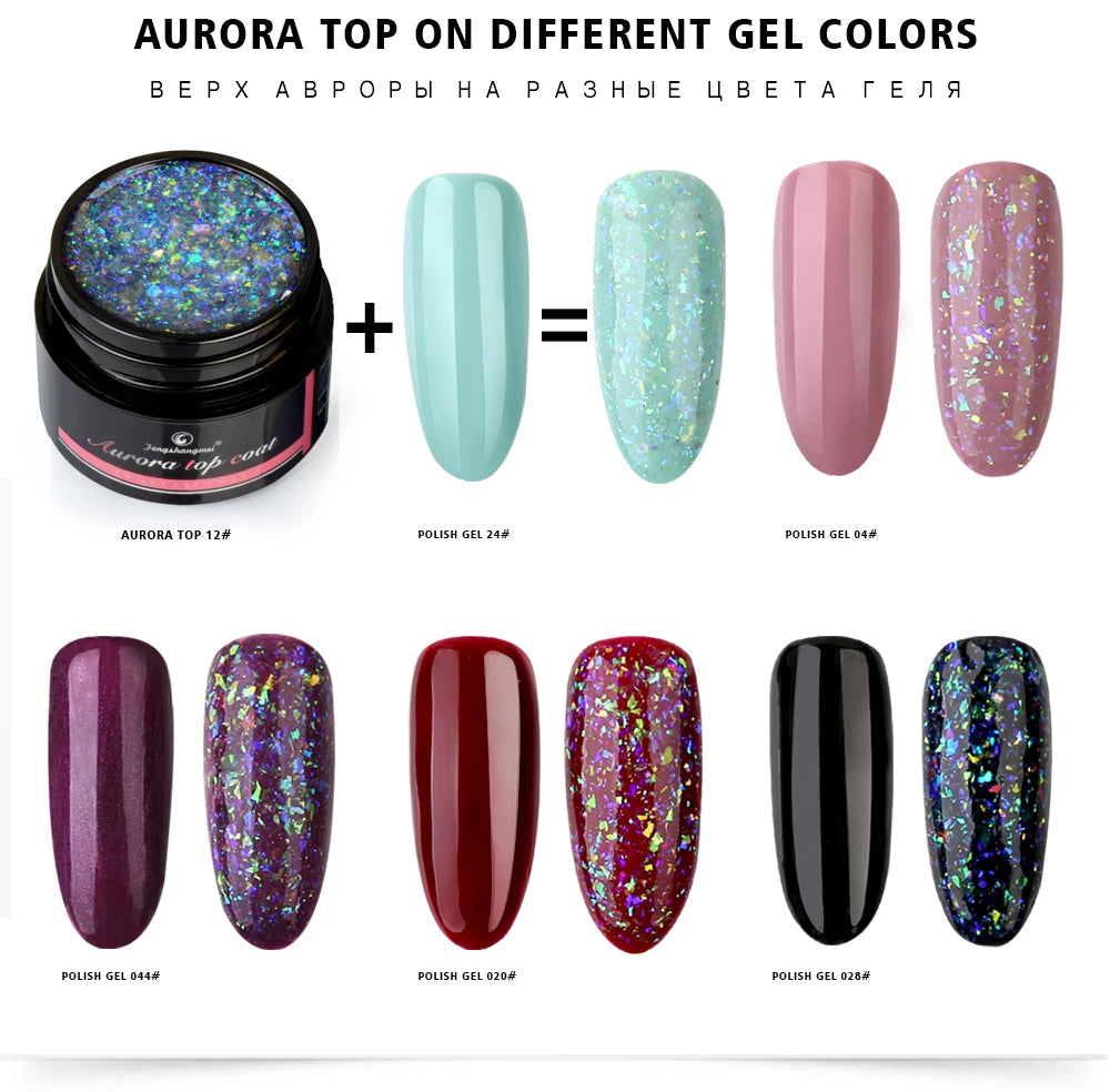 Fengshangmei 5g Aurora Gel Nagellack Top Mantel Hybrid Gel Lack Klar UV Gellak Glittler Lack Kunst Vernis Semi permanent