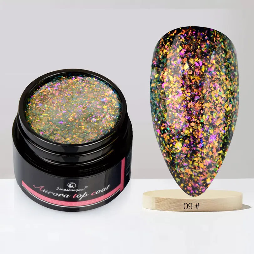 Fengshangmei 5g Aurora Gel Nagellack Top Mantel Hybrid Gel Lack Klar UV Gellak Glittler Lack Kunst Vernis Semi permanent