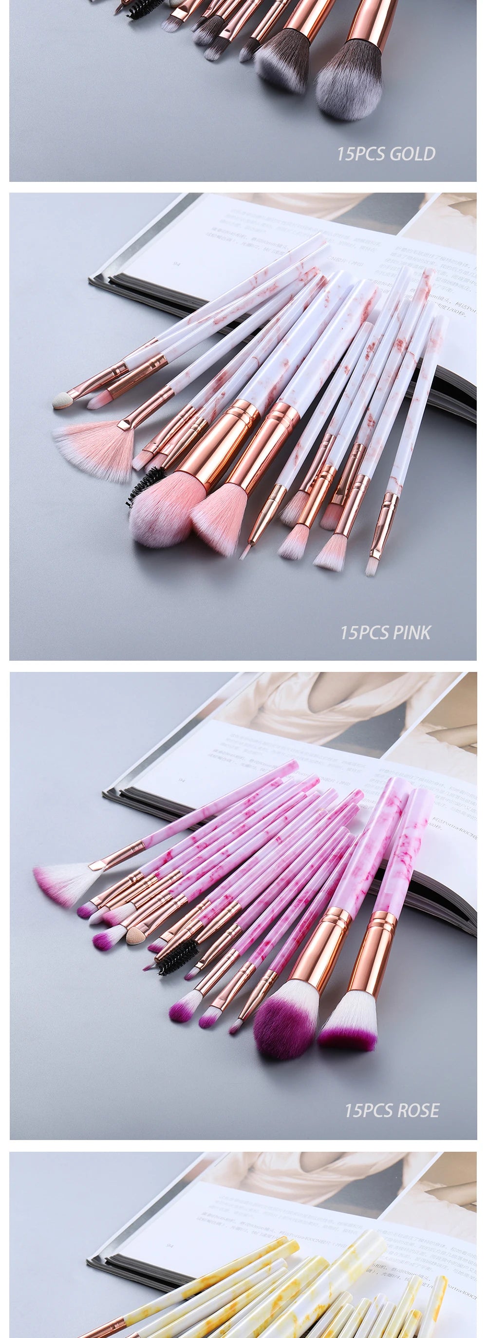 Marmor Make-up Pinsel Set – Puder, Lidschatten, Wimpern & Fan Pinsel 15 Stück