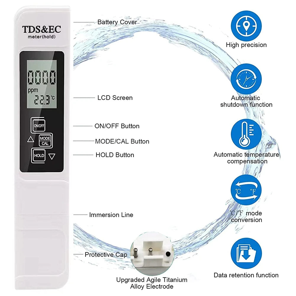 Professioneller 3-in-1-PH-Tester, Wasser-PH-Messgerät, TDS EC-Temperaturmessgerät, digitaler LCD-Wasserteststift, Reinheitsfilter, Wasserqualität