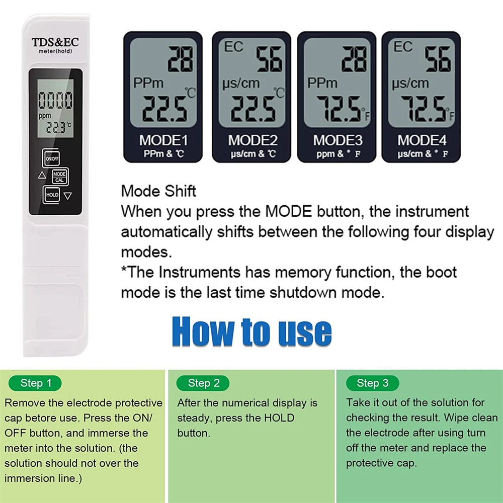 Professioneller 3-in-1-PH-Tester, Wasser-PH-Messgerät, TDS EC-Temperaturmessgerät, digitaler LCD-Wasserteststift, Reinheitsfilter, Wasserqualität