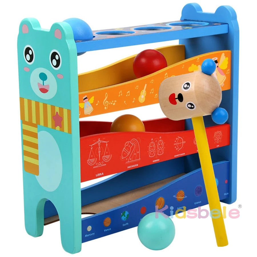 Children 4 Tracks Montessori Wooden Hammering Toy For Kids Fine Motor Skills Learning Color Matching Rolling Balls Party Game